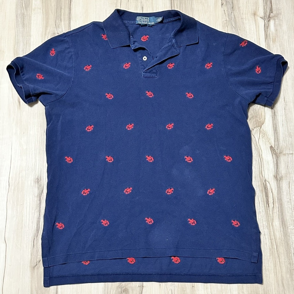 VTG 90s POLO RALPH LAUREN s/s Polo Shirt Embroidered Lobster LARGE Navy Blue